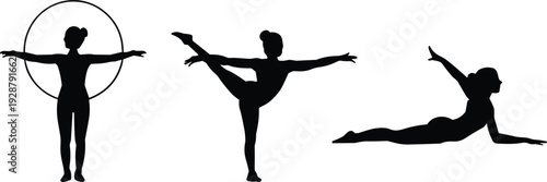 Collection of female gymnast silhouettes in rhythmic and artistic poses isolated on white background, black athlete vector set for fitness, sport, and dance design
