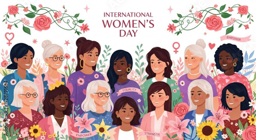 Diverse women celebrate international women's day with flowers and symbols of female empowerment