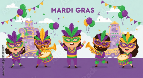 Mardi gras celebration with colorful cartoon characters wearing masks and costumes festive decorations and balloons
