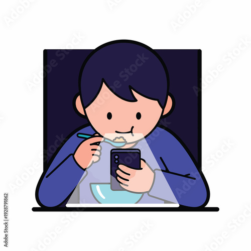 A cartoon boy eating while using a smartphone