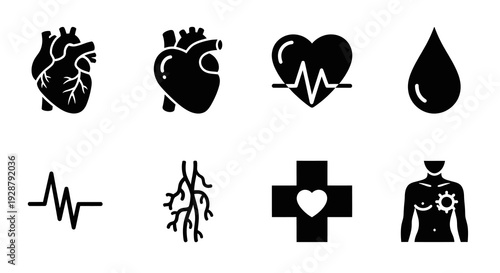 Cardiology Medical Icon Set With Heart Pulse And Blood Symbols