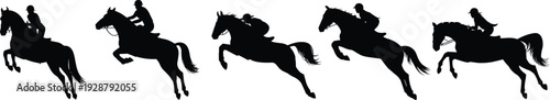 Collection of horse and rider silhouettes jumping in dynamic equestrian poses isolated on white background, black vector set for sport design, logo, and illustration