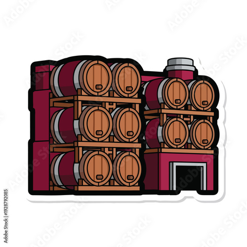A cartoon illustration of a wine cellar with stacked barrels