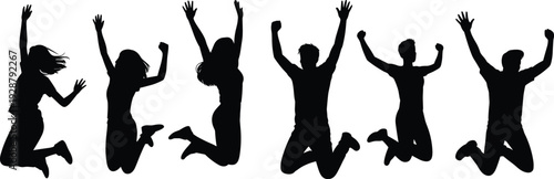 Collection of jumping people silhouettes with raised hands isolated on white background, black human vector set for celebration, success, and energetic lifestyle design