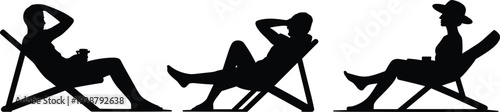 Collection of people relaxing on deck chairs silhouettes isolated on white background, black human vector set for summer vacation, beach leisure, and lifestyle design