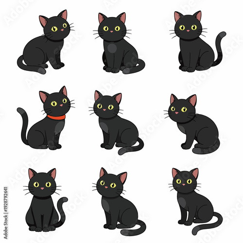 A collection of nine black cats in various poses