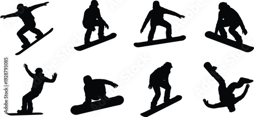 Collection of snowboarder silhouettes in dynamic action poses isolated on white background, black winter sport athlete vector set for design, logo, and illustration
