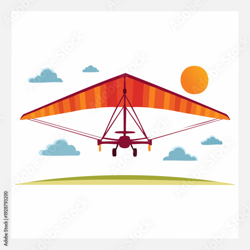 Hang glider flying in the sky with clouds and sun.