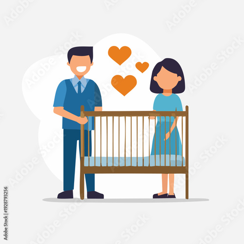 Happy couple anticipating a new baby with a crib.