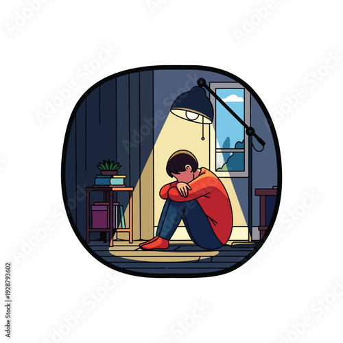 A man sits on the floor by a lamp
