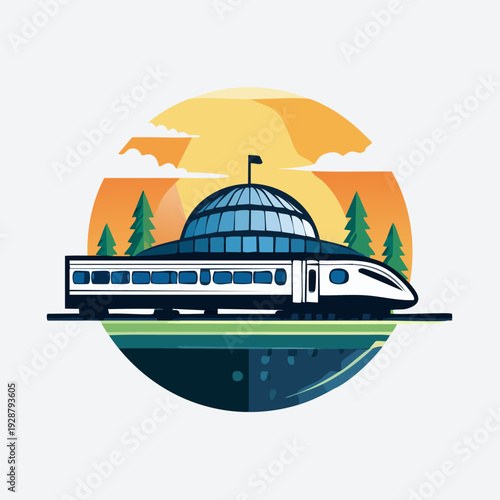 High-speed train passing through a futuristic station at sunset.