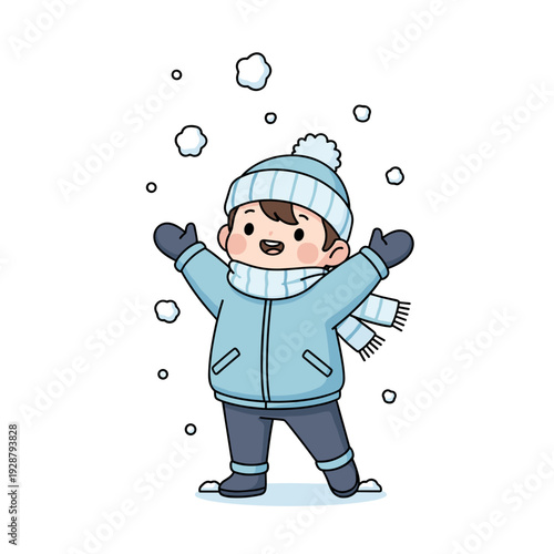 Happy child playing in snow with arms outstretched in winter wonderland