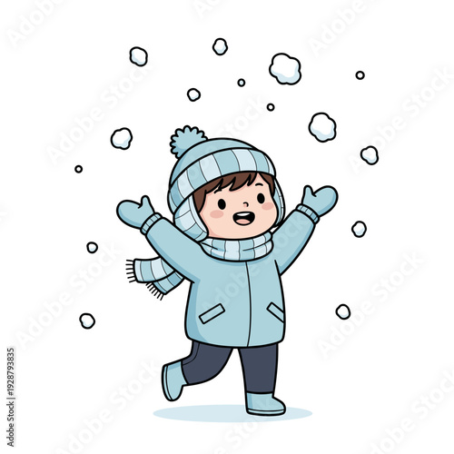 Happy child playing in snowfall wearing warm winter clothes