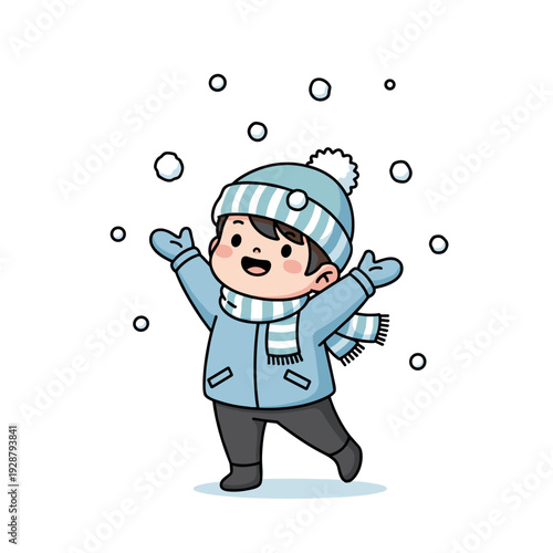 Happy child playing in snowfall wearing warm winter clothes