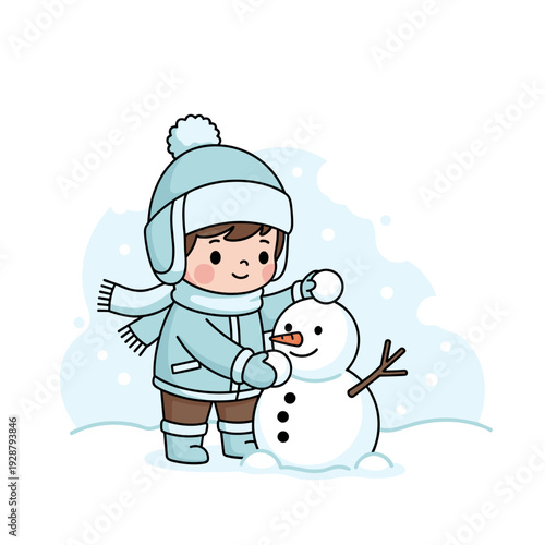 Happy child building snowman in winter wonderland scene