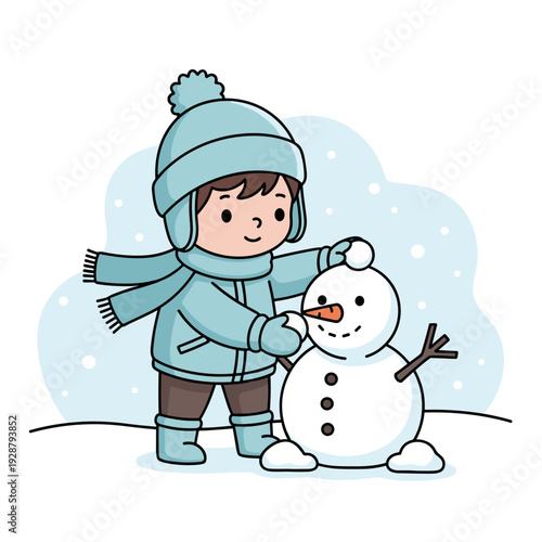 Happy child building snowman in winter wonderland scene