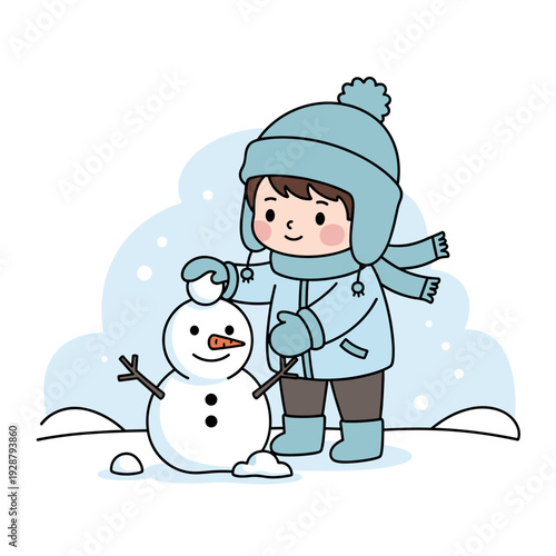 Happy child building snowman in winter wonderland scene