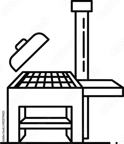 A simple line drawing of a barbecue grill with a chimney and open lid