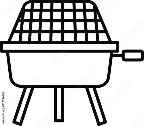 A simple line drawing of a barbecue grill with a grid top and three legs.