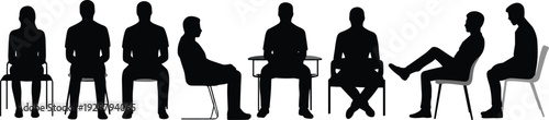 Set of people sitting on chairs in various poses isolated on white background, black human silhouettes vector collection for business, interview, and design use