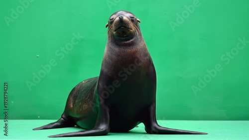 Majestic sea lion stands tall on a vibrant green screen, presenting its playful and curious nature, perfect for dynamic visual compositions and