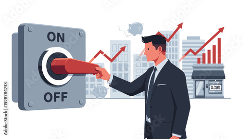 Businessman Turning Off Large Switch Symbolizing Business Closure and Bankruptcy During Financial Crisis with Closed Shop and Broken Piggy Bank in Cityscape Background and Economic Recession.