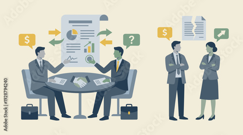 Business People Discussing Terms of Contract and Financial Deal Agreement vs Disagreement Illustration with Professionals Negotiating at Table and Torn Document Representing Trade Dispute