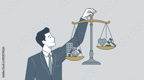 Businessman Holding Scales of Justice Balancing Corporate Interests and Partnerships with Empathy and Law, Concept for Business Ethics, Leadership, Integrity, and Moral Decision Making.