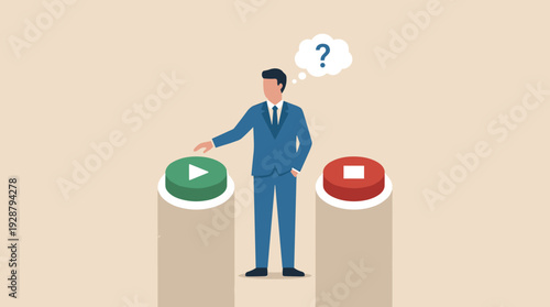 Businessman in a Suit Choosing Between Green Start and Red Stop Buttons, Concept of Difficult Decision Making, Strategy Choice, Risk Management, and Business Dilemma with Question Mark Vector.