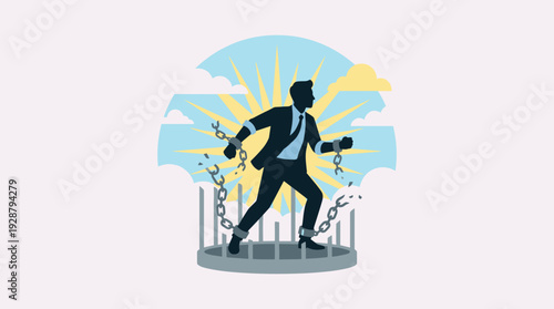 Powerful businessman silhouette breaking free from heavy iron chains and shackles, symbol of freedom, liberation, success, and overcoming corporate obstacles against a bright sunburst sky.