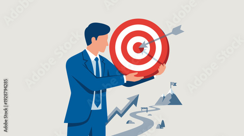 Businessman Holding Big Target with Arrow in Center to Achieve Goals and Success, Strategic Planning for Business Growth, Leadership Concept of Reaching Objectives and Hitting the Bullseye