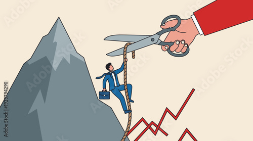 Businessman Climbing Rope on Mountain While Giant Hand with Scissors Cuts It, Representing Business Risk, Corporate Sabotage, Career Challenges, Economic Crisis, and Market Instability Illustration