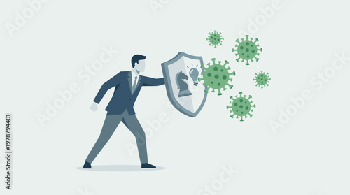 Businessman holding a shield with chess knight and lightbulb icons to protect against coronavirus pathogens, representing strategic business defense, resilience, and crisis management in pandemic.