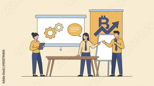 Business team conducting a branded workshop for marketing and promotional campaigns, focusing on Bitcoin cryptocurrency growth strategy, brand awareness building, and professional collaboration.