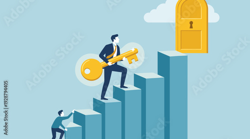 Businessman Carrying a Large Golden Key Climbing a Staircase Towards a Golden Door in the Sky, Concept of Business Success, Career Growth, Achievement, Ambition, and Finding New Opportunities.