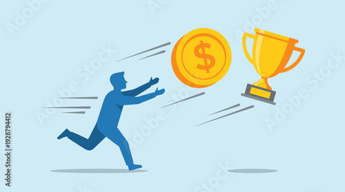 Illustration of a blue silhouette man running to catch a gold dollar coin and a trophy, representing extrinsic motivation, pursuit of wealth, financial incentives, achievement, and external rewards.