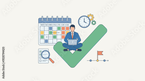 Businessman sitting on a large checkmark using a laptop for project management and effective time planning, featuring a calendar, clock, checklist, and timeline for business task scheduling.