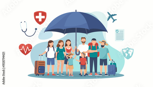 Family and Friends Standing Under Large Umbrella for Life and Travel Insurance Protection, Concept of Health and Medical Coverage for Vacation with Suitcase, Airplane, and Stethoscope Icons