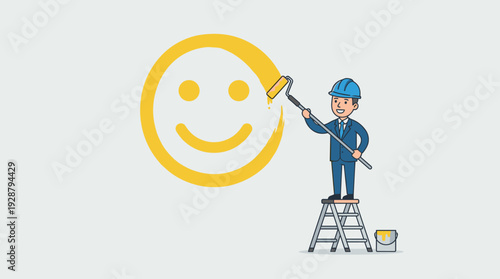 Businessman in Blue Suit and Hard Hat Painting a Large Yellow Smiley Face on a Wall Using a Paint Roller While Standing on a Ladder, Concept of Positive Thinking, Motivation, and Mental Health