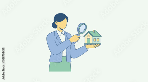 Professional Realtor or Real Estate Appraiser Woman Holding a Small House and Examining it with a Magnifying Glass for Property Valuation, Home Inspection, and Market Analysis Services Concept.