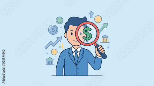 Businessman Searching for Investment Opportunities Concept, Professional Looking Through Magnifying Glass at Dollar Sign with Financial Growth Icons, Coins, Real Estate, and Banking Symbols