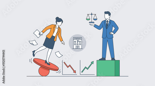 Business Stability and Risk Concept with Businessman Holding Scales on a Solid Block and Businesswoman Balancing on a Wobbling Platform with Market Graphs and Cracked Company Building Icon.