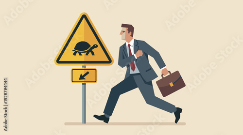 Businessman in a Suit Running Fast Past a Yellow Warning Sign with a Turtle Symbol, Concept of Slowing Down, Work-Life Balance, Avoiding Burnout, and Managing Stress in a Corporate Environment.