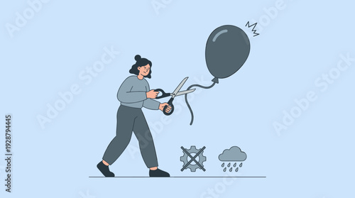 Woman cutting balloon string to eliminate stress and toxic work environment, changing behavior for better mental health, letting go of negativity, burnout prevention, and emotional well-being.