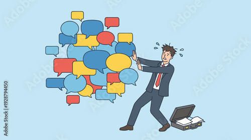Stressed Businessman Overwhelmed by Too Many Messages and Speech Bubbles, Concept of Information Overload, Communication Problems, Digital Spam, and Workplace Stress in Flat Vector Illustration