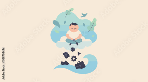 Flat Vector Illustration of a Person Meditating on a Cloud to Find Inner Peace and Calm by Letting Go of Work Stress, Professional Burnout, and Daily Problems for Mental Health and Wellness