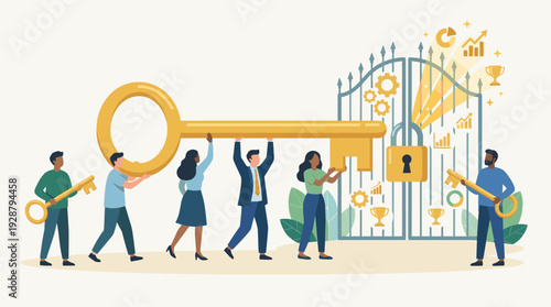 Diverse Business Team Carrying a Giant Golden Key to Unlock a Gate of Success and Achievement, Symbolizing Teamwork, Collaboration, and Reaching Corporate Goals in a Professional Environment.