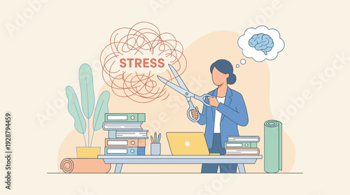 Businesswoman Cutting Through Stress Tangle with Scissors at Office Desk, Concept of Mental Health Awareness, Work-Life Balance, Burnout Prevention, and Mindful Productivity in the Workplace.