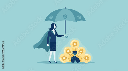Businesswoman with Cape Holding Umbrella Over Glowing Lightbulbs with Gears, Concept of Intellectual Property Protection, Copyright Law, Safeguarding Creative Ideas, Innovation and Patents.