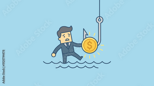 Businessman Trapped on a Fishing Hook Reaching for a Gold Coin Bait. Financial Risk, Investment Scam, and Debt Concept. Simple Flat Vector Illustration of a Man in a Suit Facing Economic Danger.